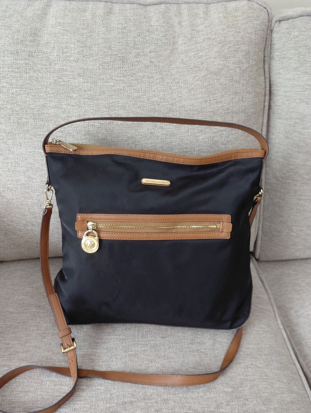 Michael Kors Kempton Nylon Satchel Bag with Brown Trim